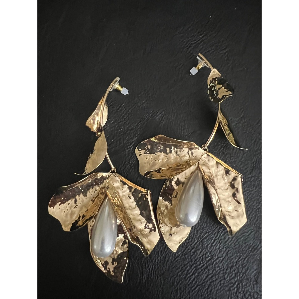 Gold Hammered Floral Faux Pearl Drop Statement Earrings 5.25" Cottagecore